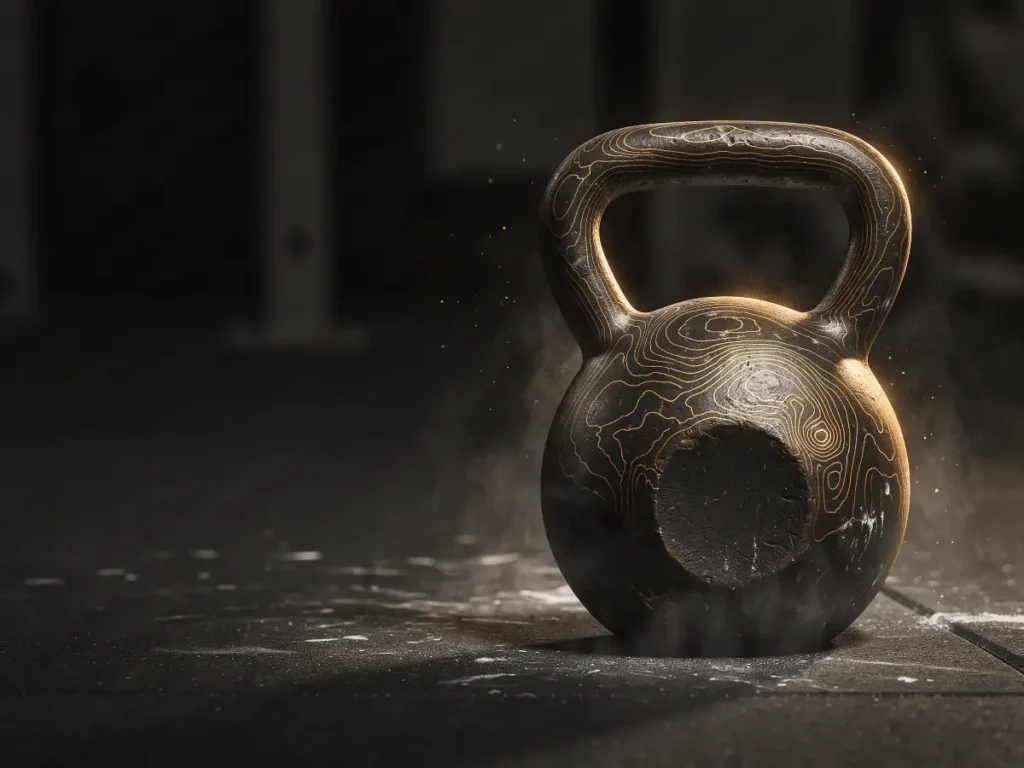 Kettlebell with gold contour lines on a dark floor