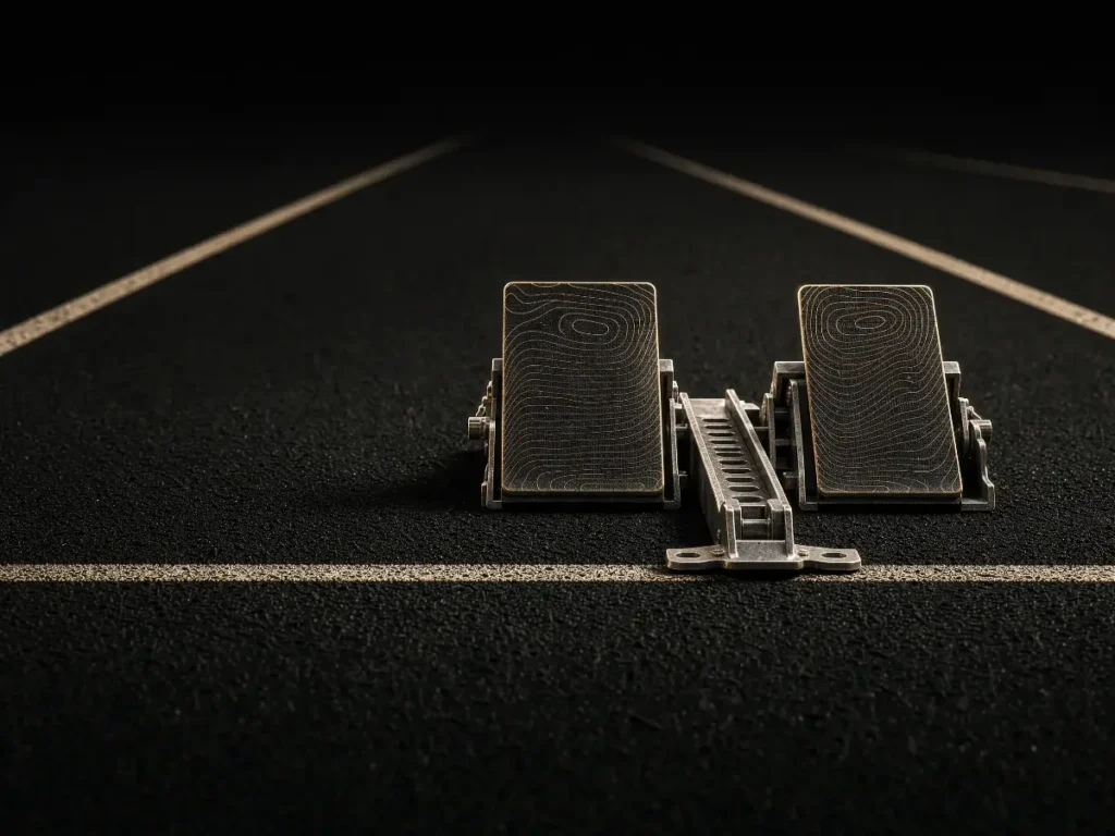 Sprint starting blocks on a dark track in warm gold light
