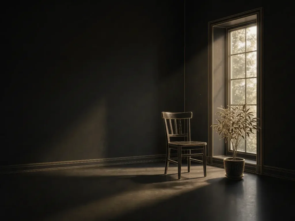 Quiet dark room with a chair and window light