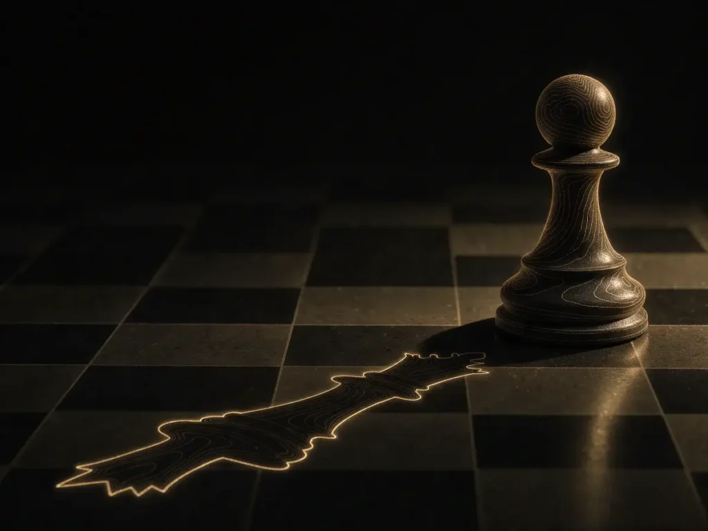 Single pawn on a dark chessboard with a gold path ahead