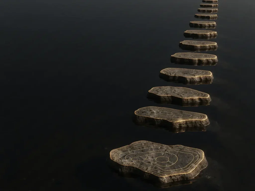 Stepping stones leading forward across a dark floor