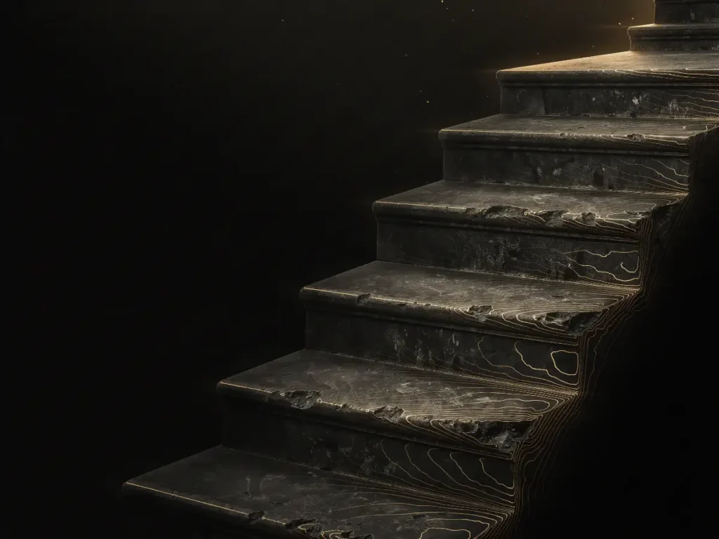 Stone staircase rising through darkness with gold contour lines