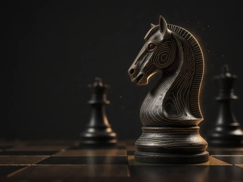 Knight chess piece with gold contour lines on a dark board