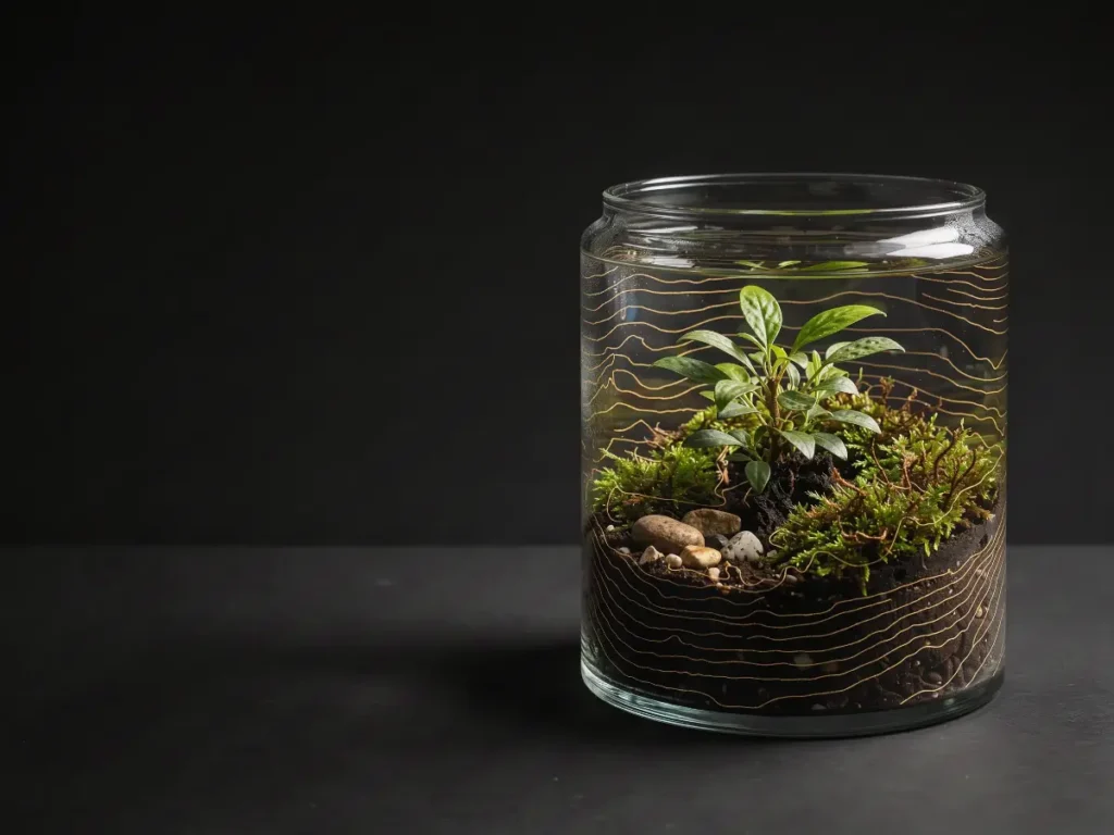 Glass terrarium with green plants and gold contour lines