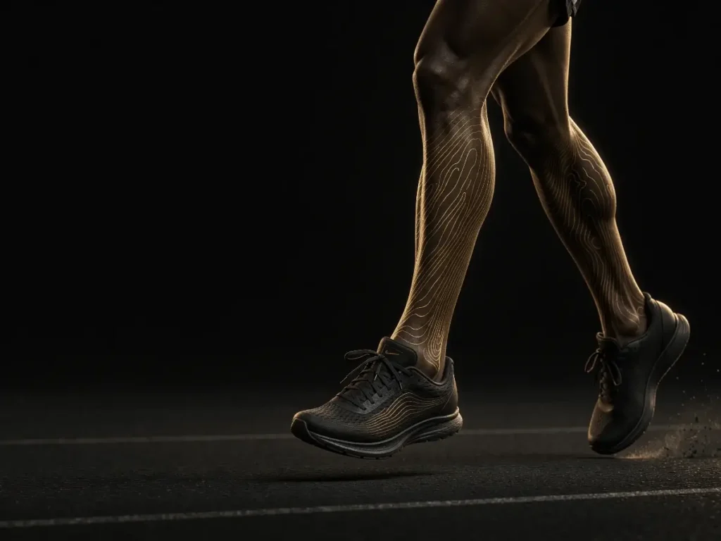 Legs in stride on a dark track with gold contour lines