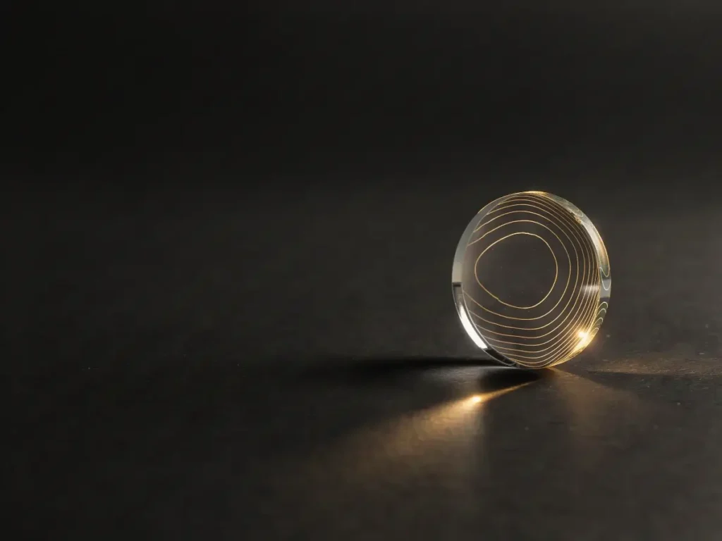 Glass lens catching warm gold light on a dark surface