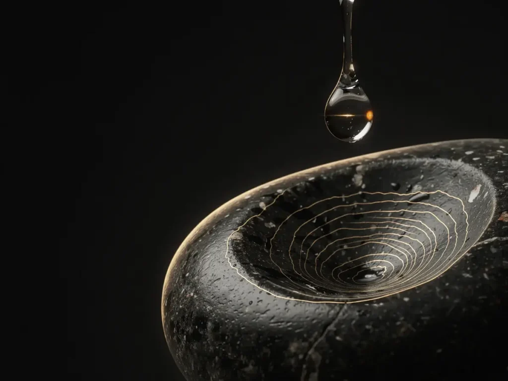 Water drop falling onto a worn stone in warm gold light