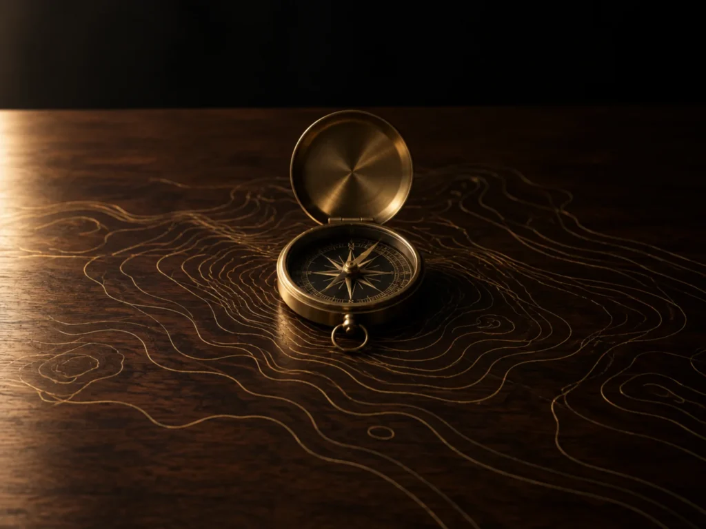 A brass compass on a dark boardroom table with gold contour lines spreading across the wood