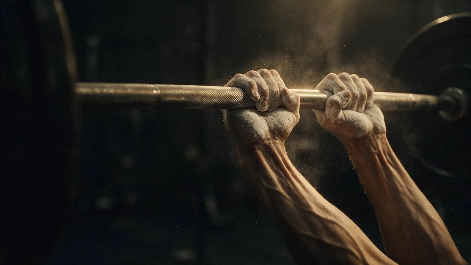 Chalked hands gripping a barbell