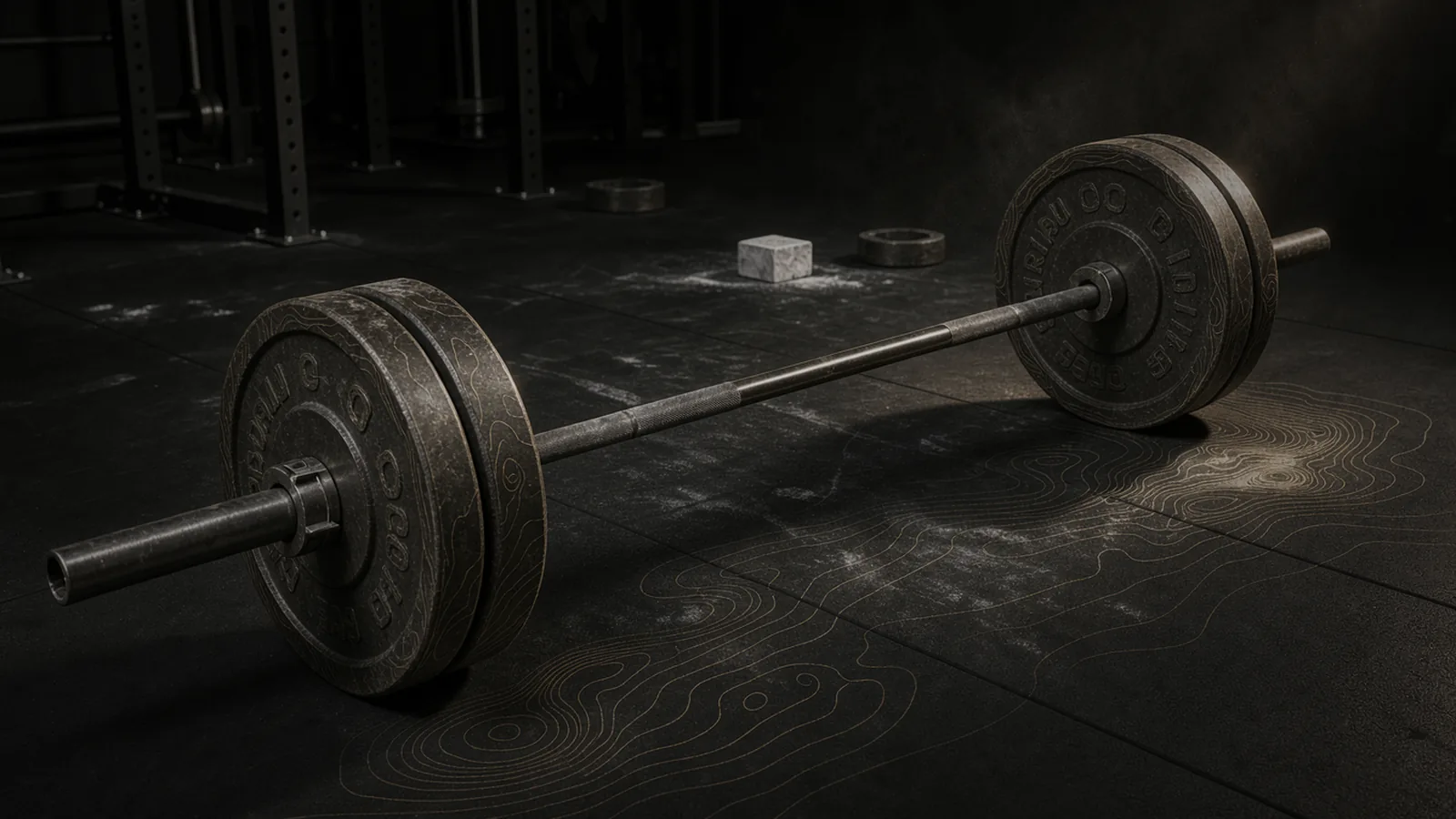 A loaded barbell on a dark gym floor traced in gold contour lines