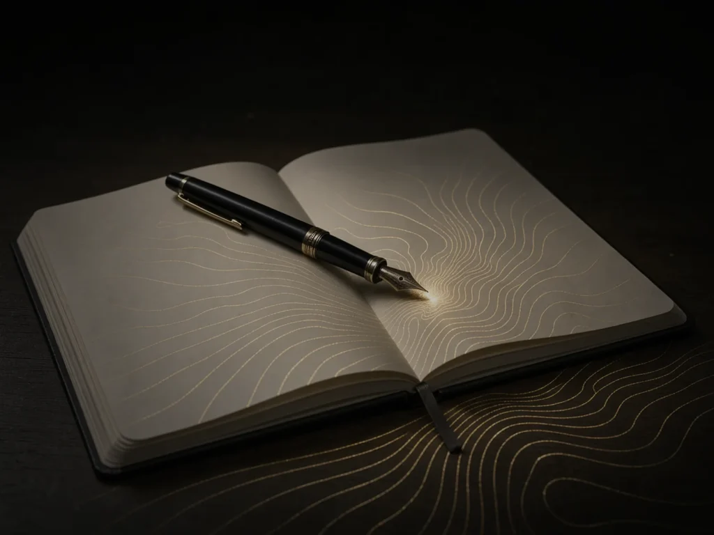 An open notebook and fountain pen with gold contour lines spreading from the nib