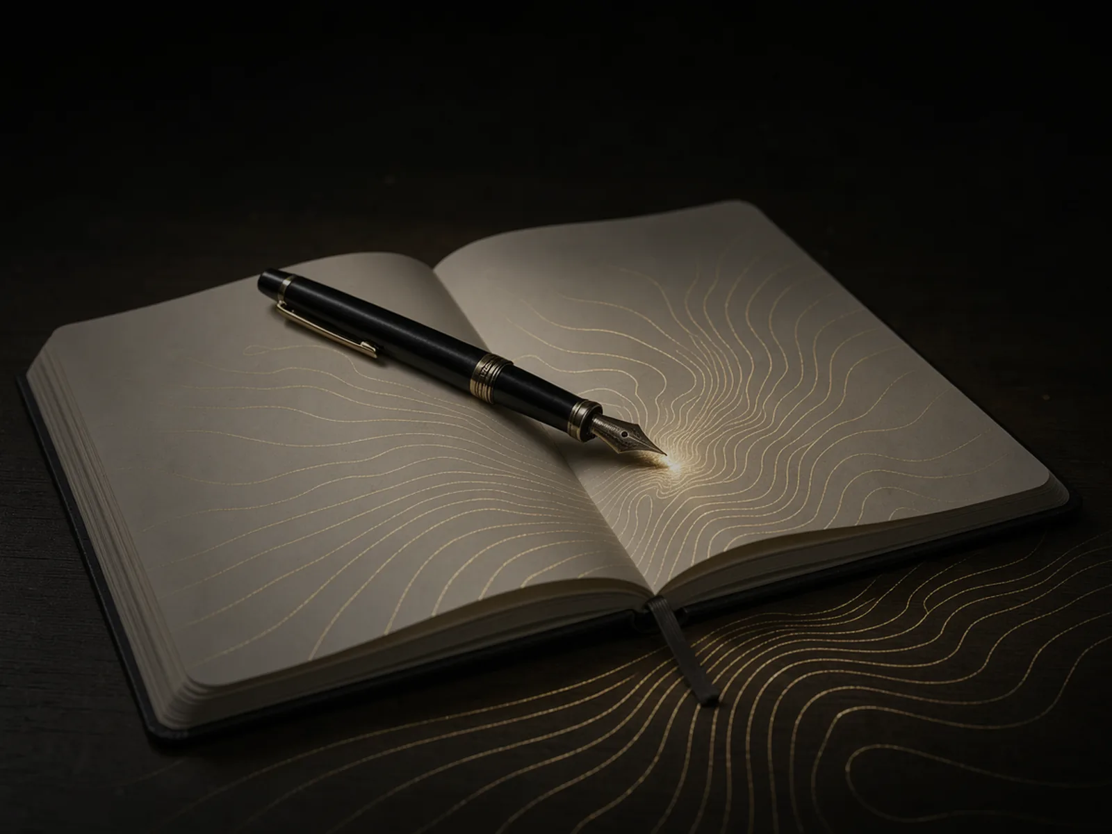 An open notebook and fountain pen with gold contour lines spreading from the nib