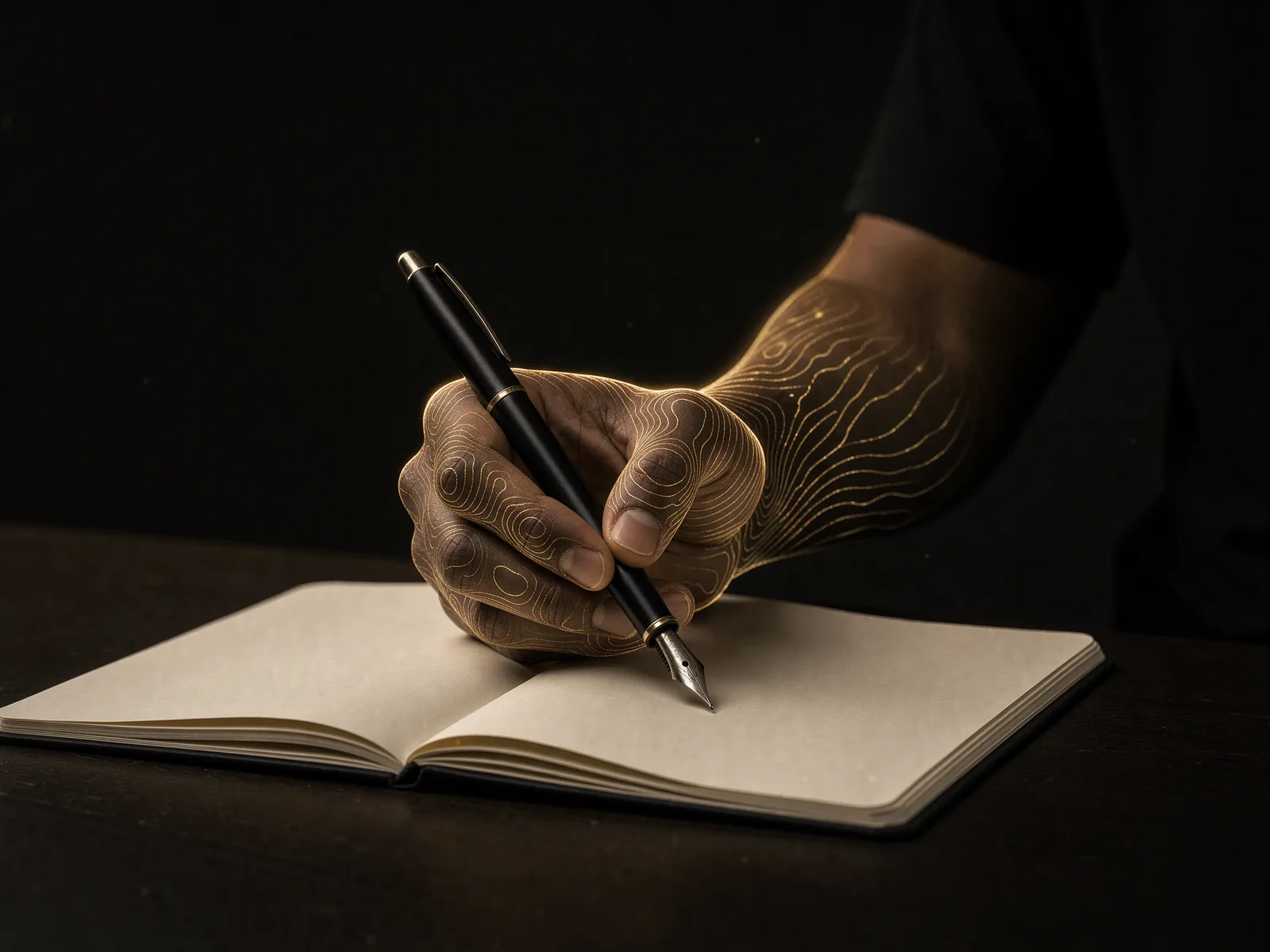 A hand writing with a fountain pen in an open notebook, mapped in fine gold contour lines