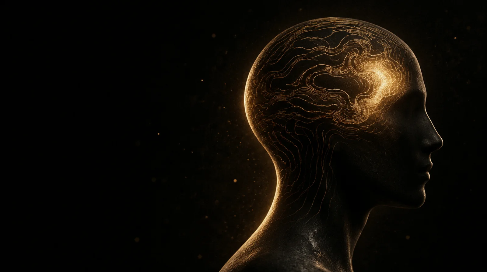 A head in profile mapped in fine gold contour lines